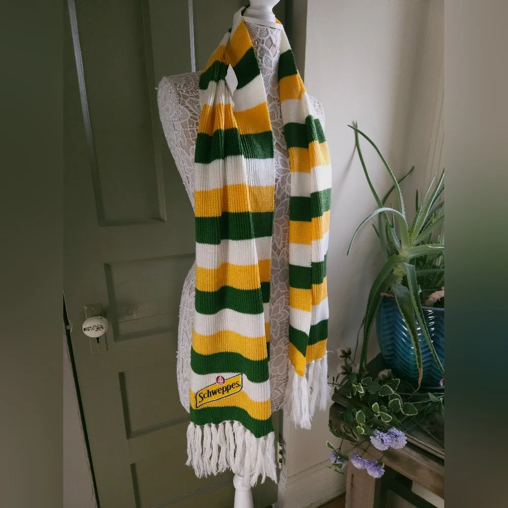 Schweppes Festified Holiday Clothing Scarf Green Yellow White Acrylic & Wool